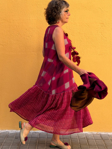 Vestido Yabalka — Cuadros difuminados en Chanderi de seda y algodón